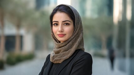 A young woman with dark hair and brown eyes wearing a headscarf poses in front of what appears to be a city street with large buildings.