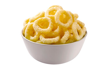 Crispy corn rings, isolated on white background.