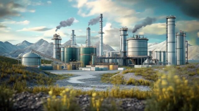 This oil production facility features large tanks and processing equipment set against a stunning mountainous backdrop. Operations demonstrate the extraction and refinement of oil resources