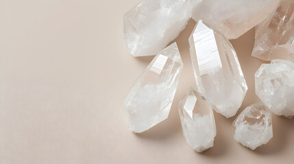 Collection of clear quartz crystals on a neutral background.  Perfect for wellness, spirituality, or metaphysical themes.