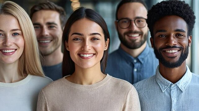 Diverse Team Portrait: A diverse group of smiling young professionals, showcasing inclusivity and teamwork. Their radiant smiles and confident expressions convey a sense of unity and collaboration. 