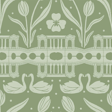 Charming repeat pattern featuring English garden architecture, tulips, pansies, and swans in a harmonious, monochrome elegant design