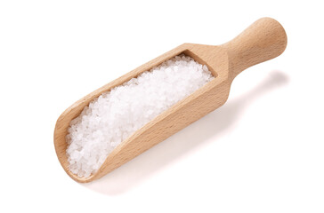 Salt in a wooden spoon isolated on white background.