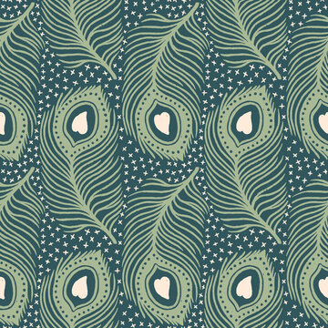 Elegant green peacock feather pattern featuring intricate heart motifs, flowing curves, and a symmetrical, nature-inspired design with a touch of sophistication, English garden inspired