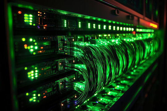 Glowing data center servers with fiber optic connections - Powered by Adobe