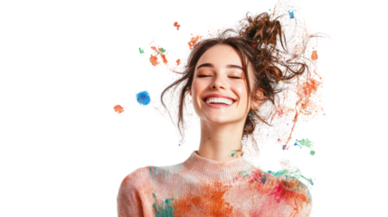 A joyful woman shows a vibrant smile with colorful powder splashes around her, embodying the essence of happiness and creativity.