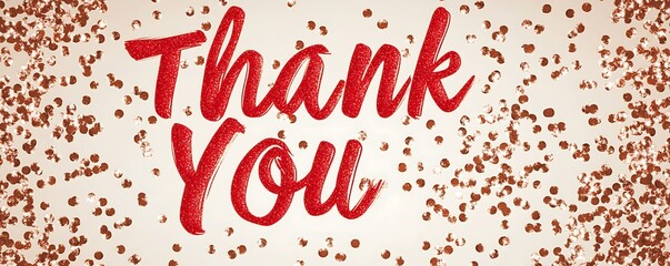 The text "Thank You" in bold red script with shimmering metallic confetti on a light cream background.
