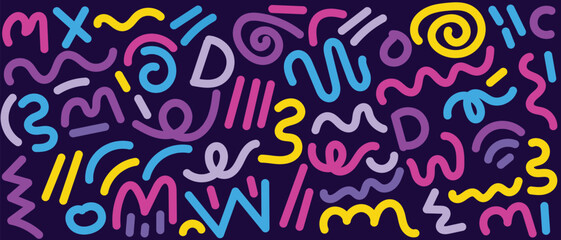 Seamless colorful geometric pattern. Fashion 80-90s style with various shapes: circles, semicircles, dots, zigzags, spirals, wavy lines. Hipster Memphis style.Cute kid doodle 


