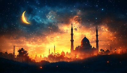 Obraz premium Mosque silhouette with blue, pink and orange sky sunset in evening, mosque at night with crescent moon and star shining, Background for Ramadan Kareem,Islamic New year. happy Muharram