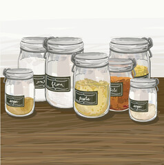 glass container for flour, sugar, pasta dry food spices free waste eco for storing bulk products at home. illustration isolated on kitchen desk and white background