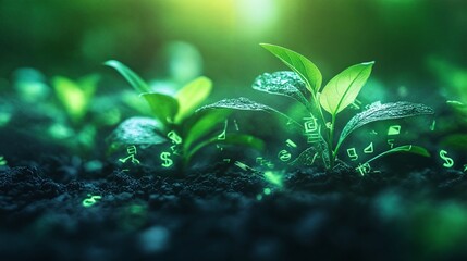 a close-up view of several small green plants growing out of dark brown dirt, with various symbols and numbers projected onto their leaves.