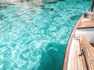 Fototapeta premium A boat is floating in the ocean with the water being blue