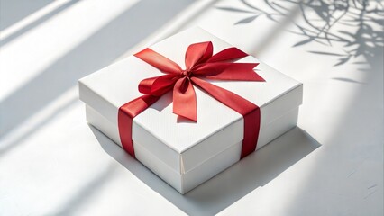 Fototapeta premium Minimalist White Gift Box with Red Ribbon - Isolated on White Background