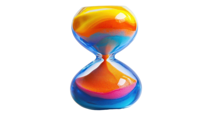 Colorful sand hourglass with vibrant blue, orange, and yellow hues, isolated on a white background, showcasing creativity and time.