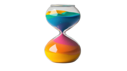 Colorful hourglass filled with vibrant sand, representing the passage of time and the blend of creativity and tranquility in a modern setting.