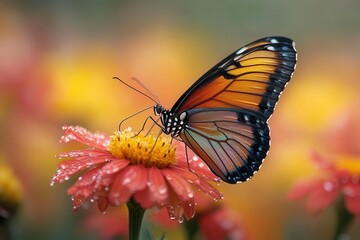 iridescent butterfly perched on vibrant wildflower, macro photography capturing wing detail, soft bokeh background