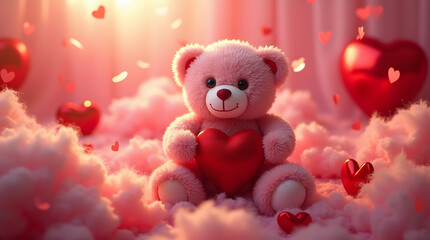 A valentine Teddy bear with pinky colored loved symbol.