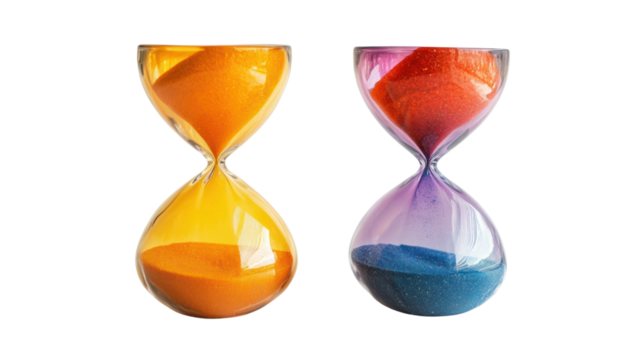 Two colorful hourglasses, one filled with orange sand and the other with purple and blue sand, set against a white background.