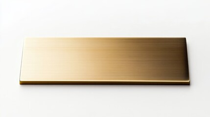 Close-up view of a blank brass nameplate on a white background.