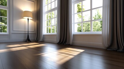 Fototapeta premium Sunlit Room Interior Design: Elegant Floor, Windows, and Lamp