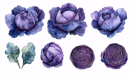 Watercolor collection featuring rich purple cabbages, leafy greens, sliced sections, and delicate flowers, perfect for garden-inspired illustrations.