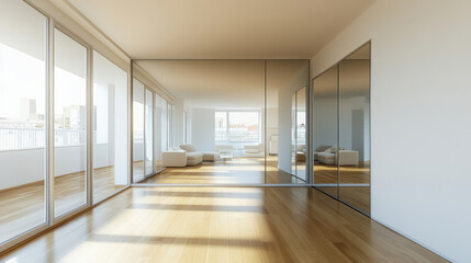 Obraz premium Modern interior design with large windows and wooden flooring