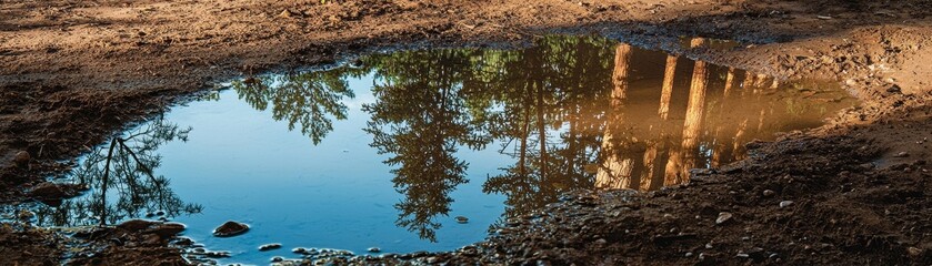 A serene puddle reflects trees and sunlight, creating a tranquil natural scene on earthy terrain.