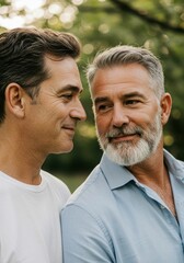 Obraz premium Two caucasian mature males smiling outdoors in a serene setting