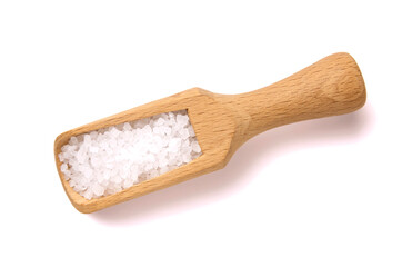 Salt in a wooden spoon isolated on white background.