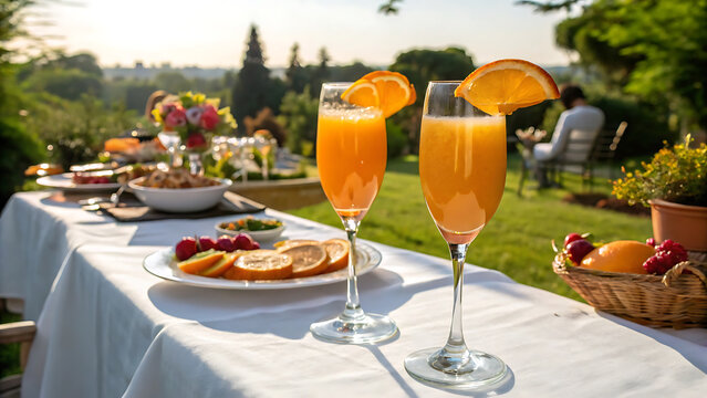 Celebration of national mimosa day with outdoor brunch and champagne flutes filled with refreshing citrus.