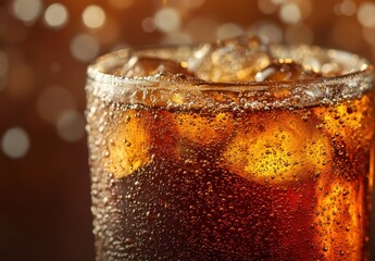 Sparkling Cold Beverage With Ice Cubes in Glass Against a Glimmering Brown Background Creating a Refreshing and Inviting Atmosphere for Drinks and Relaxation