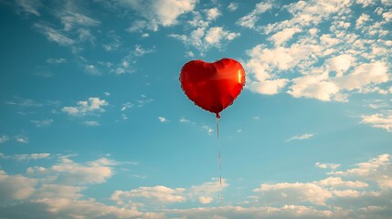 Fototapeta premium Red Heart Balloon Floating in Blue Sky with Clouds