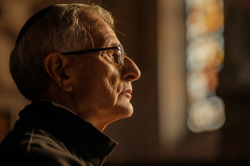 Generative AI Portrait of Pastor in Church Setting with Radiant Light and Religious Reverence