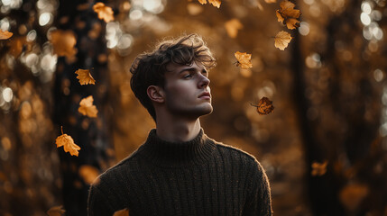 Man with angular jawline stands amid falling leaves in an autumn forest setting during golden hour