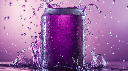 Purple color soda can with juice splash
