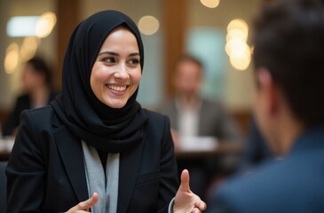 Smiling Muslim businesswoman with a hijab headscarf talking at a networking event
