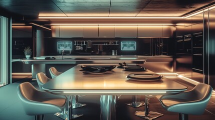 Modern kitchen with sleek design, illuminated table, and metallic accents.