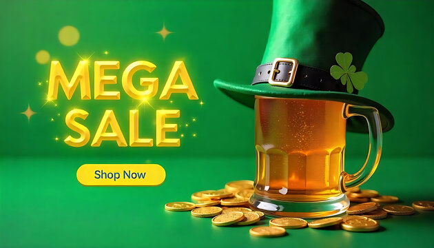 St.Patrick's Day mega sale background with green leprechaun hat, a mug of beer, and gold coins, shop now, advertising, banners, leaflets, flyers, 17th March St. Patrick's Day, Irish day, generative ai