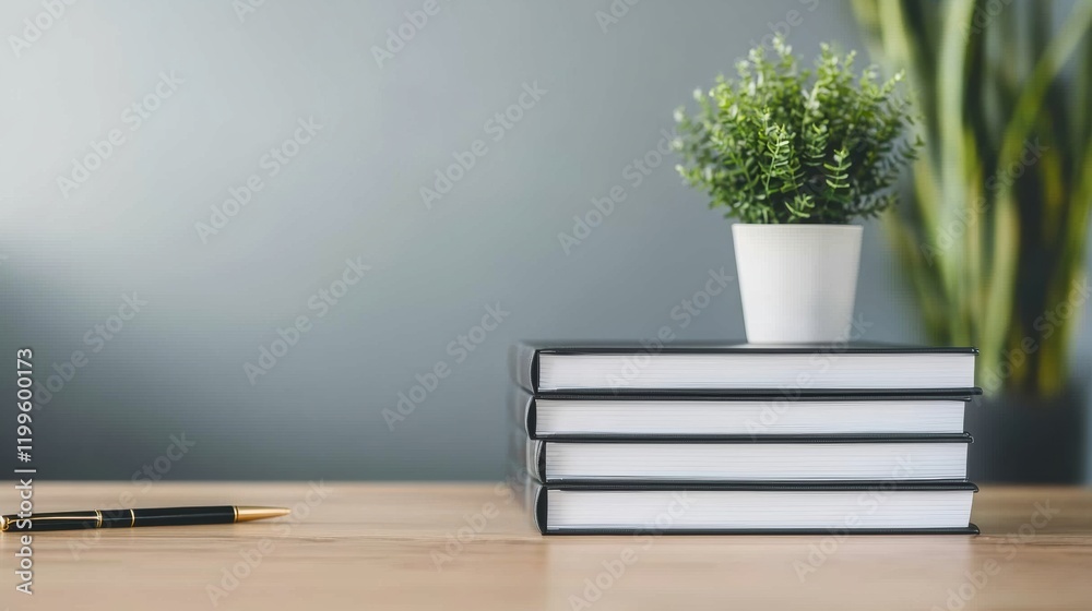 Poster stack of books and pen resting on wooden table in modern office