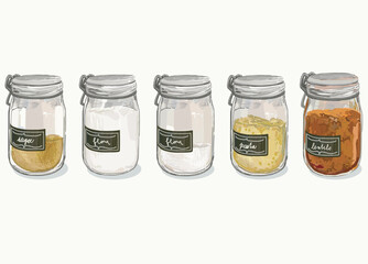 glass containers with names sticker for flour, sugar, pasta dry food spices free waste eco for storing bulk products at home. illustration isolated on white background