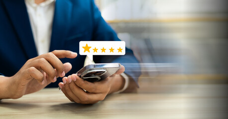 Online customer satisfaction Survey service concept, client rate service from experience in application,Consumer give five-Stars and feedback review for quality, Business reputation ranking from buyer