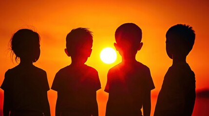 A diverse group of refugee children creates a powerful silhouette.
