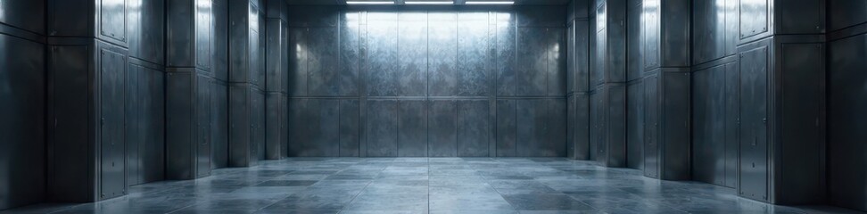 Gleaming metal walls, stark lighting, immense scale , cold space, bright