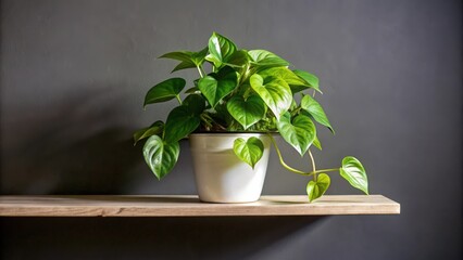 A potted heartleaf philodendron plant on a wooden shelf against a dark grey wall