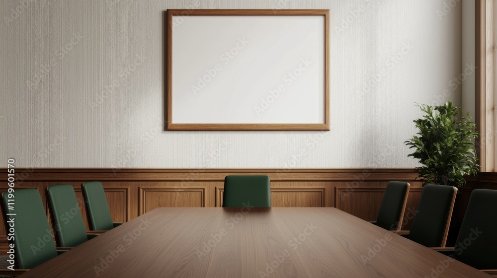 Poster modern conference room with empty table and blank monitor on the wall