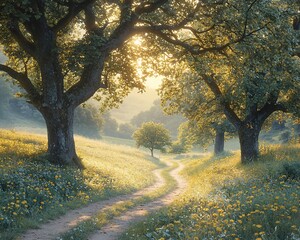 Obraz premium Sunlit path winding through a spring meadow with wildflowers and large trees.