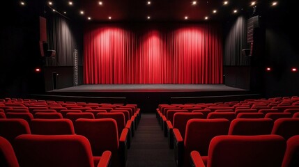 Fototapeta premium Rows of vacant seats fill the shadowy space of the theatre.
