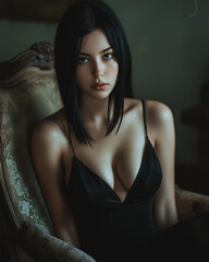 Fototapeta premium Woman with jet-black straight hair sitting elegantly on a vintage chair in a dimly lit room during the late evening hours