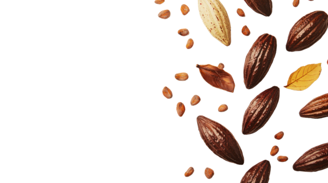 Assorted cocoa beans and seeds scattered on a surface, featuring various shapes and sizes, highlighting the diversity of chocolate ingredients.