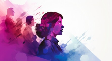 Women's History Month: Watercolor Style Generative AI Illustration featuring Women's Profile Silhouettes for Banners, Posters, Backgrounds, and Wallpapers - 16:9 Aspect Ratio
